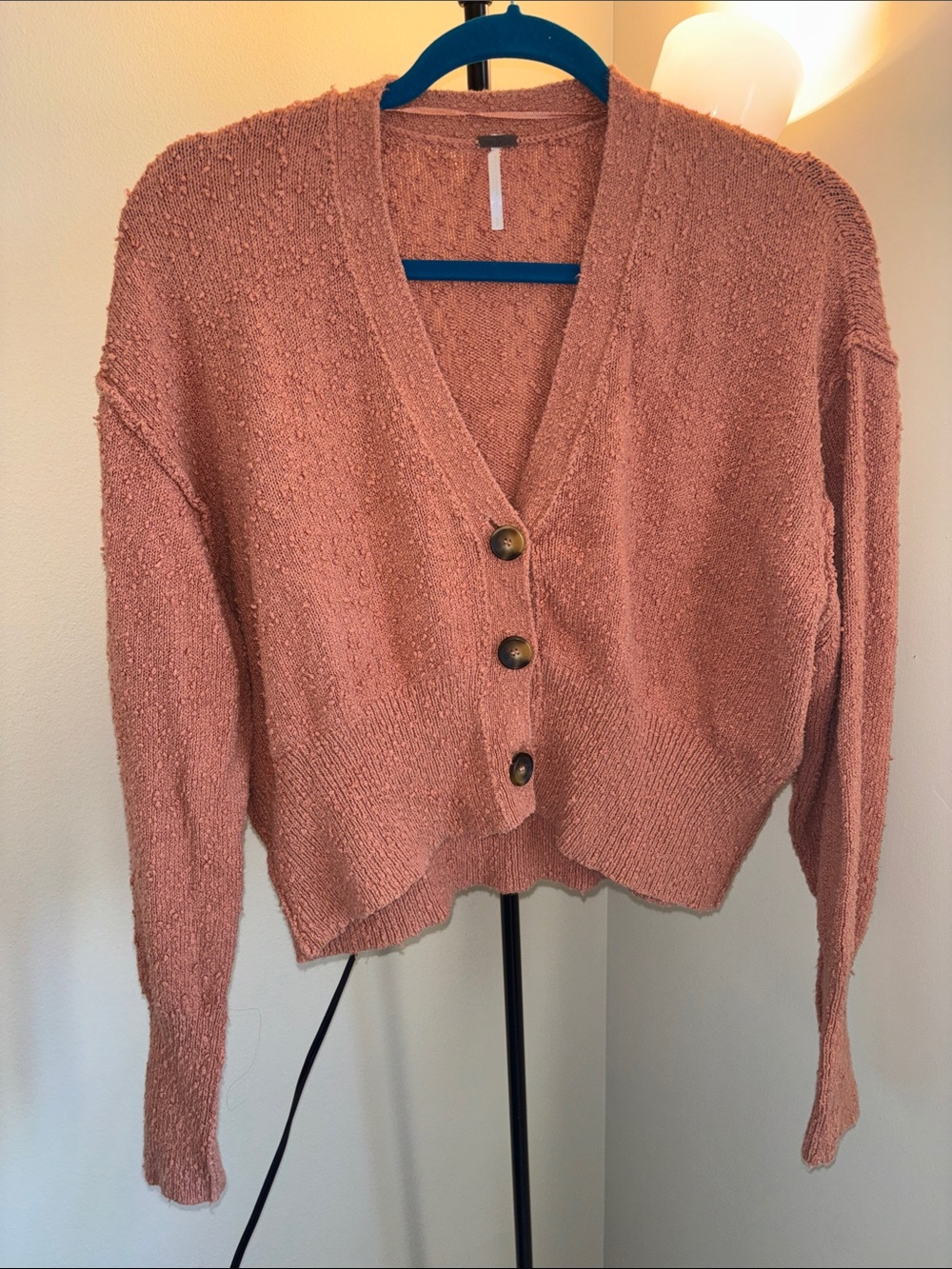 Free People Rosewood Textured Buttoned Cropped Cardigan